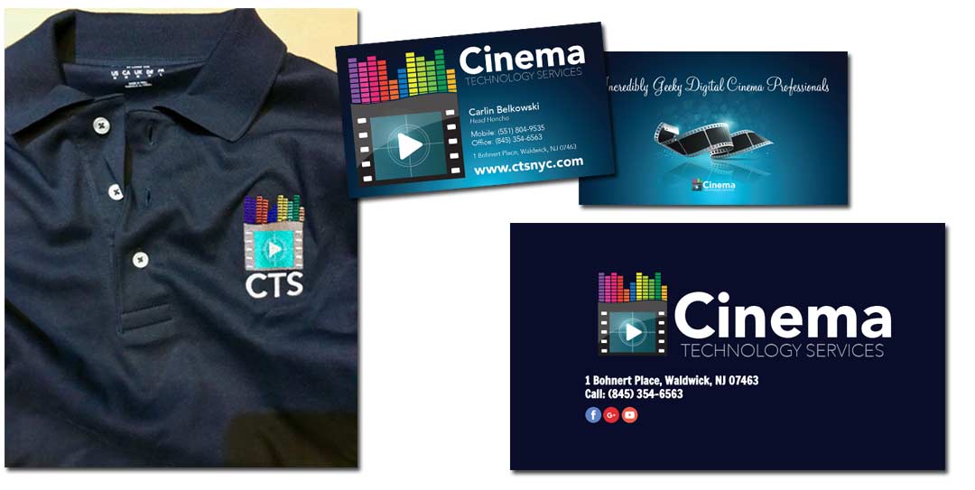 various pieces of branded items for CTSNYC. Shirt with logo, business card, and flyer