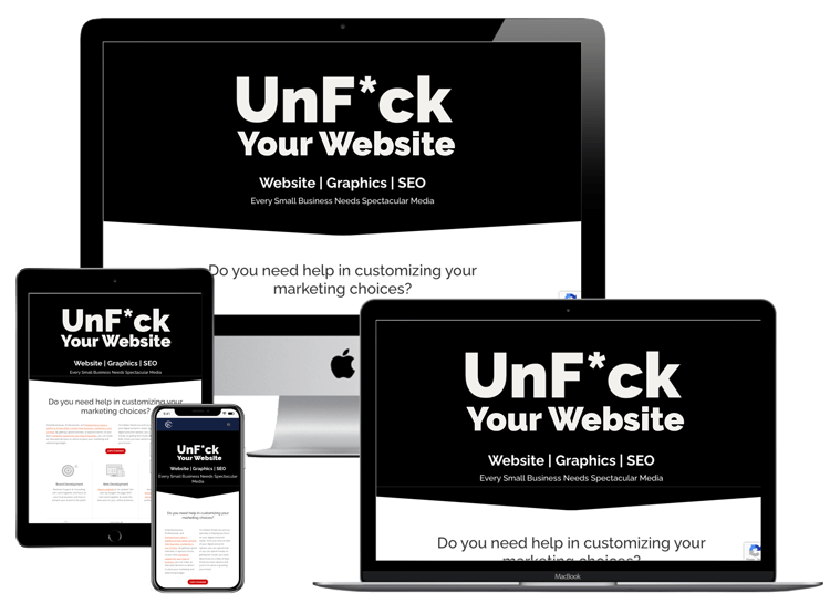 Various sized computer screens with the website that says "UnF*ck your website" on it.